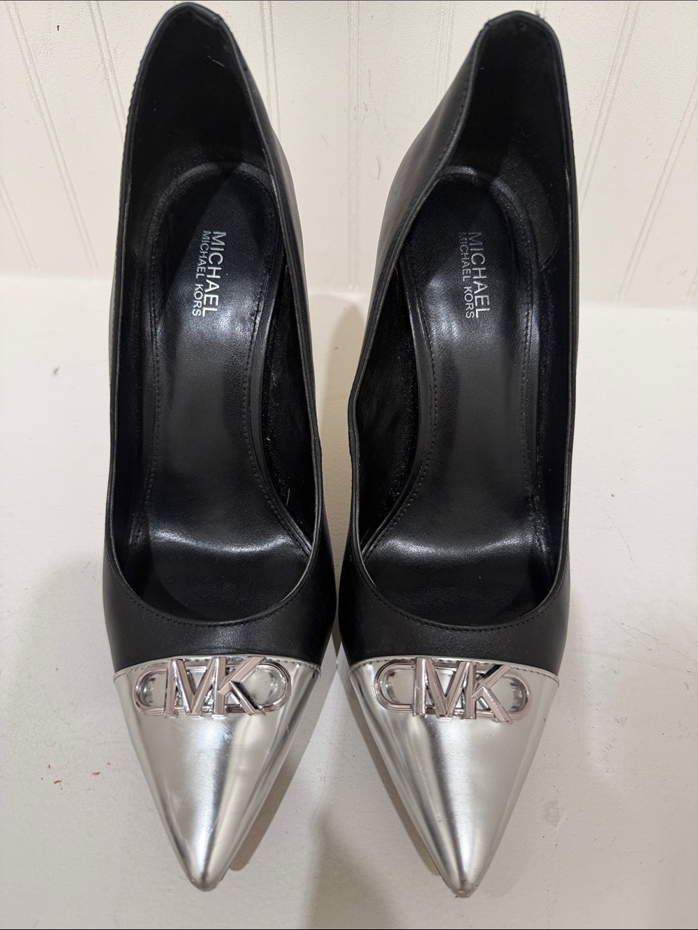 Michael Kors Black Pumps with Silver MK Pointed Caps